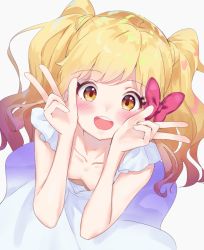 Rule 34 | 1girl, :d, aikatsu! (series), aikatsu stars!, bare arms, bare shoulders, blonde hair, blush, bow, breasts, brown eyes, double w, downblouse, dress, dutch angle, from above, grey background, hair bow, hands up, highres, k mugura, long hair, looking at viewer, nijino yume, no bra, open mouth, red bow, round teeth, simple background, sleeveless, sleeveless dress, small breasts, smile, solo, teeth, twintails, upper teeth only, very long hair, w, wavy hair, white dress