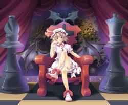 Rule 34 | 1girl, alternate hair color, bare legs, bat wings, blonde hair, bloomers, boots, checkered floor, chess piece, cosplay, female focus, flandre scarlet, floor, gears, hat, crossed legs, looking at viewer, maki (seventh heaven maxion), oversized object, red eyes, remilia scarlet, remilia scarlet (cosplay), short hair, sitting, smile, solo, throne, touhou, underwear, wings