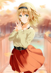 Rule 34 | 1girl, absurdres, belt, belt buckle, black belt, black hairband, blonde hair, blurry, blurry background, buckle, closed mouth, collarbone, day, hair between eyes, hair intakes, hairband, highres, isshiki iroha, looking at viewer, medium hair, miniskirt, nonbire, off-shoulder sweater, off shoulder, outdoors, pleated skirt, red skirt, ribbed sweater, skirt, smile, solo, standing, sweater, white sweater, yahari ore no seishun lovecome wa machigatteiru., yellow eyes