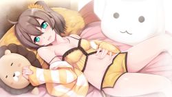 Rule 34 | 1girl, ahoge, animal-shaped pillow, bed, blue eyes, blush, breasts, brown hair, collarbone, commentary request, ebi frion (matsuri channel), hair between eyes, hand on own stomach, haribote (desk of coulomb), highres, hololive, jacket, lingerie, midriff, natsuiro matsuri, natsuiro matsuri (matsuri&#039;s day off), open mouth, shorts, side ponytail, small breasts, solo, underwear, virtual youtuber