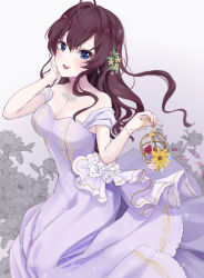 Rule 34 | 1girl, :3, :d, ahoge, bare shoulders, blue eyes, blush, breasts, brown hair, cage, cleavage, commentary request, dress, flower, hair flower, hair ornament, highres, holding, holding cage, ichinose shiki, idolmaster, idolmaster cinderella girls, jewelry, lavender dress, long dress, long hair, looking at viewer, medium breasts, necklace, open mouth, risu mikap, sleeveless, sleeveless dress, smile, solo, strapless, strapless dress, wavy hair