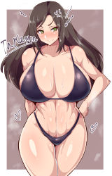 Rule 34 | 1girl, abs, annoyed, bikini, blush, breasts, brown background, brown hair, cleavage, frown, green eyes, hand on own hip, heart, highres, huge breasts, idolmaster, idolmaster cinderella girls, long hair, looking to the side, mukai takumi, namae ga kimaranai man, shiny clothes, shiny skin, simple background, solo, steam, steaming body, swimsuit, text focus