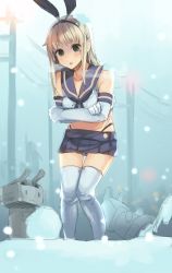 Rule 34 | 10s, 1girl, :&lt;, akagi asahito, black panties, blonde hair, blush, breasts, breath, cold, crossed arms, elbow gloves, gloves, hairband, highres, kantai collection, long hair, looking at viewer, midriff, navel, open mouth, panties, pantyshot, rensouhou-chan, shimakaze (kancolle), skirt, snow, solo, thighhighs, triangle mouth, underwear, upskirt, white gloves