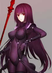 Rule 34 | 1girl, armor, bodysuit, covered navel, fate/grand order, fate (series), long hair, millefoglie, polearm, purple bodysuit, purple hair, red eyes, scathach (fate), scathach (fate), solo, spear, weapon
