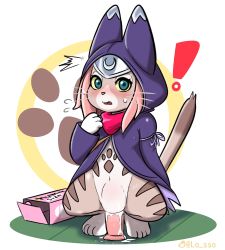 Rule 34 | !, 1girl, blue eyes, blush, bottomless, box, cat tail, cloak, colored sclera, dildo, dildo riding, embarrassed, english text, fang, female focus, female masturbation, furry, furry female, headband, highres, hood, lasso (artist), lube, masturbation, monster hunter (series), monster hunter stories 2, naked cloak, neckerchief, object insertion, paw print, pink hair, sex toy, solo, squatting, stomach bulge, sweatdrop, tail, third-party edit, tsukino (monster hunter), twitter username, uncensored, vaginal, vaginal object insertion, whiskers, yellow sclera