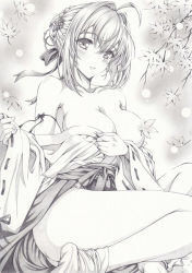 Rule 34 | 1girl, ahoge, artoria pendragon (all), artoria pendragon (fate), blush, breasts, censored nipples, cleavage, convenient censoring, fate (series), graphite (medium), greyscale, hair ribbon, hair up, japanese clothes, leaf, legs, looking at viewer, mikuro, monochrome, nero claudius (fate), nero claudius (fate) (all), ribbon, saber (fate), solo, traditional media