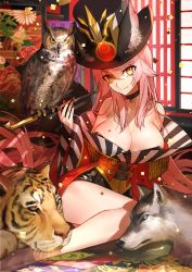 Rule 34 | 1girl, animal ears, bird, black dress, breasts, cleavage, dress, fate/grand order, fate (series), fox ears, fox girl, fox tail, hat, highres, holding, holding smoking pipe, indoors, koyanskaya (fate), koyanskaya (foreigner) (second ascension) (fate), large breasts, long hair, looking at viewer, official art, on floor, owl, pink hair, resized, smoking pipe, tail, tamamo (fate), tatami, tiger, upscaled, wada arco, wolf, yellow eyes