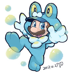 Rule 34 | 1boy, animal costume, animal hood, big nose, blue eyes, blue hood, blue jumpsuit, brown hair, bubble, cosplay, creatures (company), dated, facial hair, froakie, froakie (cosplay), frog costume, frog mario, full body, game freak, gen 6 pokemon, ghost-pepper, gloves, hood, jumpsuit, leg up, lowres, male focus, mario, mario (series), mustache, nintendo, open mouth, outstretched arms, pokemon, short hair, simple background, smile, solo, white background, white gloves