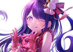 Rule 34 | 1girl, blush, brooch, closed mouth, commentary request, dress, frilled dress, frilled gloves, frills, gloves, hair ornament, hair ribbon, heart, heart brooch, highres, hoshino ai (oshi no ko), idol, idol clothes, jewelry, light particles, long hair, looking at viewer, one eye closed, one side up, oshi no ko, pink gloves, pink ribbon, purple eyes, purple hair, rabbit hair ornament, ranrin1007, ribbon, shadow, sidelocks, simple background, smile, solo, star (symbol), star hair ornament, swept bangs, tongue, tongue out, turtleneck, turtleneck dress, twitter username, upper body, watermark, white background