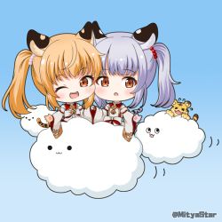 Rule 34 | 2girls, :3, :o, ;d, animal, animal ears, animal hands, blonde hair, blue background, brown eyes, brown gloves, cindala (granblue fantasy), cloud, commentary request, detached sleeves, dress, flying sweatdrops, gloves, gradient background, granblue fantasy, grey hair, huang (granblue fantasy), laolao (granblue fantasy), long hair, long sleeves, mitya, multiple girls, one eye closed, open mouth, pai (granblue fantasy), parted lips, paw gloves, red dress, smile, solid circle eyes, tiger, tiger ears, twintails, twitter username, white gloves, white sleeves, wide sleeves