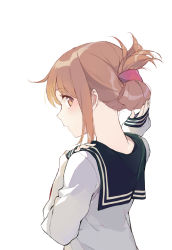 Rule 34 | 10s, 1girl, back, brown eyes, brown hair, duoyuanjun, folded ponytail, from behind, hand in own hair, highres, inazuma (kancolle), kantai collection, long hair, looking back, nape, open mouth, school uniform, serafuku, simple background, sleeves past wrists, solo, uniform, white background