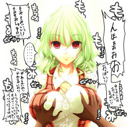 Rule 34 | 1boy, 1girl, grabbing another&#039;s breast, breasts, empty eyes, expressionless, grabbing, green hair, hetero, kazami yuuka, large breasts, looking at viewer, pov, red eyes, short hair, short sleeves, simple background, skirt, touhou, translation request, yanmarson