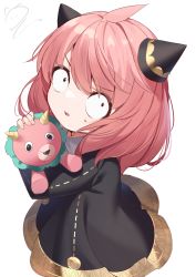 Rule 34 | 1girl, ahoge, anya (spy x family), black dress, blush, child, constricted pupils, dress, hairpods, highres, holding, holding stuffed toy, long hair, long sleeves, looking at viewer, nahaki, parted lips, pink hair, signature, simple background, solo, spy x family, stuffed animal, stuffed toy, white background