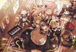 Rule 34 | 6+girls, ahoge, animal, animal ear fluff, animal ears, apron, bird, black bow, black dress, black flower, blonde hair, blush, book, bow, braid, brown hair, cat ears, cat girl, cat tail, chibi, chick, closed eyes, closed mouth, commentary request, crayon, dress, drooling, facing viewer, flower, frilled apron, frilled pillow, frills, hair bow, hair flower, hair ornament, highres, in basket, indoors, long sleeves, lying, mini person, minigirl, mouth drool, multiple girls, on back, open mouth, original, parted lips, pillow, pink hair, red bow, sakura oriko, tail, twintails, unfinished, white apron, white flower, wooden floor