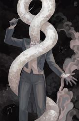 Rule 34 | 1boy, animal head, conductor baton, bow, bowtie, conductor, driftwoodwolf, feet, formal, gloves, grey suit, half gloves, headless, holding, jacket, male focus, monster boy, musical note, open clothes, open jacket, pants, regalia for the wretched, scales, smoke, snake, solo, striped clothes, striped pants, suit, white bow, white bowtie, white snake