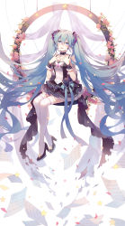 Rule 34 | 1girl, :d, absurdly long hair, absurdres, black flower, black footwear, black skirt, blue eyes, blue hair, blue ribbon, breasts, choker, cleavage, floating hair, flower, full body, hair between eyes, hair ornament, has bad revision, hatsune miku, high heels, highres, layered skirt, long hair, looking at viewer, md5 mismatch, medium breasts, microphone, miniskirt, open mouth, resolution mismatch, ribbon, shiroki, sitting, skirt, smile, solo, source smaller, thighhighs, twintails, very long hair, vocaloid, white thighhighs