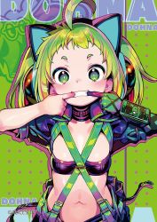 Rule 34 | 1girl, ahoge, animal ear headphones, antenna (dohna dohna), blush, breasts, cat ear headphones, choker, commentary request, copyright name, cowboy shot, dohna dohna issho ni warui koto o shiyou, fake animal ears, finger in own mouth, gloves, green eyes, green hair, green theme, headphones, medium hair, mouth pull, multiple straps, navel, official art, onono imoko, open mouth, overalls, short eyebrows, single glove, small breasts, smile, solo, strap, strapless, teeth, tube top