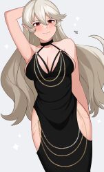 Rule 34 | 1girl, absurdres, alternate costume, arm behind head, artist name, bare shoulders, black dress, breasts, cleavage cutout, clothing cutout, corrin (female) (fire emblem), corrin (fire emblem), dress, fire emblem, fire emblem fates, grey hair, halterneck, highres, hip vent, kgctcg, looking at viewer, medium breasts, meme attire, modakawa dress, nintendo, pointy ears, red eyes, smile, solo