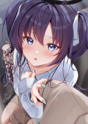 Rule 34 | 1girl, :o, absurdres, blue archive, blue eyes, blue nails, blush, casual, chromatic aberration, collarbone, commentary request, cup, disposable cup, dot nose, hair ribbon, highres, indoors, kabu usagi, looking at viewer, movie theater, nail polish, pov, purple hair, ribbon, signature, thighs, translation request, twintails, yuuka (blue archive)
