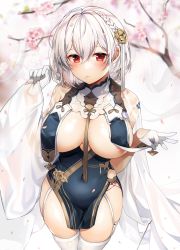 Rule 34 | 1girl, areola slip, azur lane, black dress, blush, braid, breast curtain lift, breast curtains, breasts, cherry blossoms, closed mouth, commentary request, dress, french braid, frills, from above, garter straps, gijang, gloves, hair between eyes, hair ornament, large breasts, mouth hold, pelvic curtain, petals, red eyes, revealing clothes, see-through, short hair, side braid, sirius (azur lane), sirius (azure horizons) (azur lane), solo, standing, thighhighs, thighs, white frills, white gloves, white hair, white thighhighs, wide sleeves