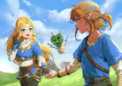 Rule 34 | 1boy, 1girl, absurdres, adjusting hair, black gloves, black pants, blue eyes, blue shirt, blue sky, blue tunic, braid, cloud, commentary, crown braid, earrings, eye contact, fingerless gloves, floating, floating hair, gloves, grasslands, green eyes, highres, holding hands, jewelry, korok, link, looking at another, momoju163, nintendo, pants, princess zelda, shirt, short ponytail, sky, smile, symbol-only commentary, the legend of zelda, the legend of zelda: breath of the wild, wind