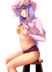 Rule 34 | 1girl, bad id, bad pixiv id, belly, blush, breast hold, breasts, crescent, hat, kirieppa, long hair, navel, no pants, panties, patchouli knowledge, purple eyes, purple hair, purple panties, sitting, solo, touhou, underwear