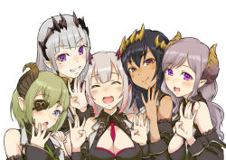 Rule 34 | 5girls, nanashi inc., between breasts, black hair, black vest, blue theme, blush, breasts, cleavage, closed mouth, commentary, dark-skinned female, dark skin, demon girl, demon horns, detached sleeves, eyepatch, green hair, grin, hand to own mouth, highres, honey strap, horns, jyaco, large breasts, looking at viewer, mole, mole under eye, mole under mouth, multicolored eyes, multicolored hair, multiple girls, necktie, necktie between breasts, one-hour drawing challenge, open mouth, orange eyes, pointy ears, purple eyes, purple hair, red hair, saionji mary, sekishiro mico, shimamura charlotte, silver hair, smile, sougetsu eli, suou patra, vest, virtual youtuber