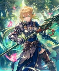 Rule 34 | 1girl, armor, belt, black thighhighs, blonde hair, blue shirt, boots, breastplate, brown belt, bug, butterfly, cape, closed mouth, day, elf, floating hair, forest, frown, gauntlets, gradient hair, green eyes, green hair, hair between eyes, highres, holding, holding polearm, holding spear, holding weapon, insect, knee boots, lee hyeseung, long hair, long sleeves, multicolored hair, nature, outdoors, pauldrons, pointy ears, polearm, ponytail, shadowverse, shirt, shoulder armor, solo, spear, standing, thighhighs, torn cape, torn clothes, very long hair, waist cape, weapon, zettai ryouiki
