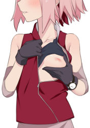 Rule 34 | 1girl, black shirt, blouse, blush, breast hold, breasts, clothes lift, embarrassed, gloves, haruno sakura, head out of frame, highres, looking to the side, morisobo, naruto, naruto (series), nipples, pink hair, red shirt, shirt, shirt lift, short hair, simple background, sleeveless, sleeveless shirt, small breasts, solo, standing, watch, white background