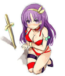 Rule 34 | 1girl, arm support, athena (series), bare shoulders, bikini, blush, bracelet, breast hold, breasts, cleavage, closed mouth, hair between eyes, hairband, halterneck, jewelry, kurasuke, long hair, looking at viewer, medium breasts, neo geo battle coliseum, nose blush, planted, planted sword, planted weapon, princess athena, purple eyes, purple footwear, purple hair, red bikini, sketch, snk, solo, swimsuit, sword, thigh strap, torn bikini, torn clothes, v-shaped eyebrows, very long hair, weapon, white background, yellow hairband