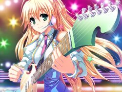 Rule 34 | 1girl, akaza, blonde hair, green eyes, guitar, henshin!, henshin!!! ~pantsu ni natte kunkun peropero~, instrument, long hair, merakawa yuzu, smile