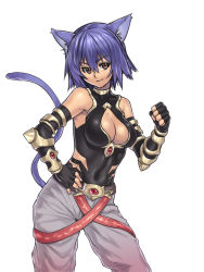 Rule 34 | 1girl, animal ears, bare shoulders, blue hair, breasts, cat ears, cat tail, cleavage, cleavage cutout, clothing cutout, elbow gloves, fingerless gloves, gloves, hand on own hip, hip focus, houtengeki, original, red eyes, short hair, simple background, solo, suspenders, tail