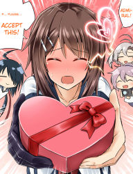 Rule 34 | 10s, 4girls, = =, ^ ^, ahoge, aoba (kancolle), black gloves, black hair, blush, bow, box, box of chocolates, brown hair, camera, closed eyes, collarbone, emphasis lines, furutaka (kancolle), gloves, hair ornament, hairclip, hard-translated, heart, heart-shaped box, highres, incoming gift, kako (kancolle), kamelie, kantai collection, kinugasa (kancolle), laughing, looking at viewer, multiple girls, open mouth, outstretched arms, pink hair, red bow, ribbon, school uniform, shirt, short hair, sweat, third-party edit, translated, upper body, valentine, white hair, white shirt