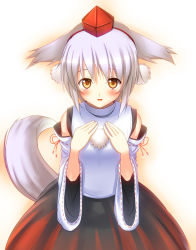 Rule 34 | 1girl, animal ears, bad id, bad pixiv id, blush, detached sleeves, female focus, hands on own chest, hat, inubashiri momiji, kimitoshiin, open mouth, short hair, silver hair, skirt, smile, solo, tail, tokin hat, touhou, wolf ears, wolf tail, yellow eyes