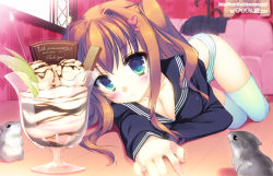 Rule 34 | 1girl, aqua thighhighs, bad id, bad pixiv id, blue eyes, blue thighhighs, blush, breasts, brown hair, chocolate, cleavage, couch, cup, food, hair ornament, heart, lying, mouse (animal), open mouth, original, panties, parfait, satsuki misuzu, school uniform, side ponytail, skirt, solo, striped clothes, striped panties, thighhighs, underwear, unworn skirt, watermark, web address, window, wooden floor