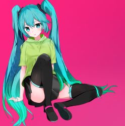 Rule 34 | 1girl, absurdres, aqua eyes, aqua hair, full body, garaudon, hatsune miku, highres, long hair, mary janes, pink background, shoes, sitting, skirt, solo, thighhighs, twintails, very long hair, vocaloid
