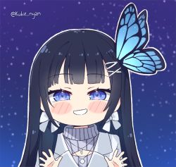 Rule 34 | 1girl, aoi nabi, black hair, blue eyes, bow, bow earrings, bug, butterfly, butterfly hair ornament, cleavage cutout, clothing cutout, earrings, grey jacket, grey sweater, hair ornament, hairclip, indie virtual youtuber, insect, jacket, jewelry, kukie-nyan, long hair, looking at viewer, meme attire, necktie, open-chest sweater, short necktie, signature, simple background, sky, smile, solo, star (sky), starry sky, sweater, virtual youtuber