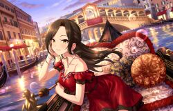 Rule 34 | 1girl, boat, breasts, brown hair, building, cleavage, dress, earrings, game cg, idolmaster, idolmaster cinderella girls, idolmaster cinderella girls starlight stage, jewelry, medium breasts, mukai takumi, necklace, official art, pillow, solo, water, watercraft, yellow eyes
