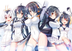 Rule 34 | 10s, 5girls, ahoge, akashio (loli ace), black hair, blonde hair, blush, breasts, brown eyes, collarbone, covered erect nipples, covered navel, cowboy shot, dress, emperor penguin (kemono friends), gentoo penguin (kemono friends), gradient background, hair over one eye, headphones, highleg, highleg leotard, highres, hood, hoodie, humboldt penguin (kemono friends), kemono friends, large breasts, leotard, long hair, long sleeves, looking at viewer, medium breasts, miniskirt, multicolored hair, multiple girls, one eye closed, open mouth, orange hair, outstretched arm, pink hair, pleated skirt, red eyes, red hair, rockhopper penguin (kemono friends), royal penguin (kemono friends), short dress, short hair, skirt, smile, thighhighs, twintails, white background, white legwear, white leotard, white skirt