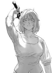 Rule 34 | 1girl, absurdres, arm at side, arm up, backlighting, blush, breasts, closed mouth, collarbone, dungeon meshi, facing viewer, falin touden, greyscale, highres, il 2539, incoming attack, korean commentary, large breasts, mace, monochrome, shirt, short hair, simple background, sketch, sleeves rolled up, smile, solo, spiked mace, spikes, twitter username, upper body, weapon