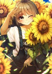 Rule 34 | 1girl, absurdres, bad id, bad twitter id, blurry, blush, brown eyes, buttons, closed mouth, clothes writing, collarbone, cowboy shot, day, depth of field, field, flower, flower field, highres, light brown hair, looking at viewer, one eye closed, original, outdoors, overalls, rerrere, shirt, short hair, smile, solo, sunflower, sunflower field, t-shirt, white shirt