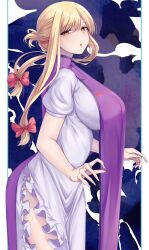 Rule 34 | 1girl, blonde hair, bow, breasts, commentary request, dress, from side, hair bow, highres, huge breasts, large breasts, long hair, looking at viewer, mirufui, no headwear, open mouth, red bow, short sleeves, solo, tabard, touhou, white dress, yakumo yukari, yellow eyes
