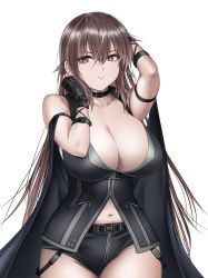 Rule 34 | 1girl, black hat, breasts, brown hair, buckle, cleavage, collarbone, cowboy shot, gloves, hair between eyes, haru (hr works), hat, highres, large breasts, long hair, looking at viewer, navel, open clothes, original, short shorts, shorts, solo, stomach, white background, witch, zipper