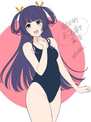 Rule 34 | 1girl, black hair, black one-piece swimsuit, blush, breasts, flick4126, green eyes, hair ribbon, highres, long hair, looking at viewer, ogoto nene, one-piece swimsuit, onsen musume, open mouth, orange ribbon, ribbon, school swimsuit, small breasts, smile, standing, swimsuit, two side up, white background