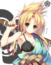 Rule 34 | 1girl, antique firearm, blonde hair, blush, bra, breasts, cleavage, gun, gun, japanese clothes, large breasts, lingerie, looking at viewer, nozomi tsubame, oda nobuna, oda nobuna no yabou, open clothes, sheath, sheathed, smile, solo, underwear, weapon, yellow eyes