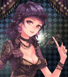 Rule 34 | 1girl, bad id, bad pixiv id, blazer, bracelet, breasts, bustier, chain, checkered background, choker, cleavage, cropped jacket, curtains, eyelashes, fingernails, floral print, jacket, jewelry, key, charm (object), keyring, lips, looking at viewer, medium breasts, nail polish, necklace, original, pink eyes, purple hair, ribbon, ring, studded, wbfish
