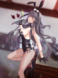 Rule 34 | 1girl, ;d, animal ears, arm behind back, arm support, ass, azur lane, backless leotard, bar stool, bare shoulders, black bow, black gloves, black hairband, black leotard, blush, bow, breasts, brown hair, cleavage, cross-laced leotard, cup, detached collar, drinking glass, fishnet pantyhose, fishnets, from side, gloves, hairband, hakamaboooots, hand up, happy, high heels, highres, holding, holding tray, indoors, large breasts, leg up, legs, leotard, long hair, looking at viewer, medium breasts, no bra, no panties, one eye closed, open mouth, pamiat merkuria (azur lane), pantyhose, pink eyes, rabbit ears, rabbit tail, skin tight, smile, solo, splashing, standing, standing on one leg, star (symbol), stool, tail, thighs, tray, very long hair