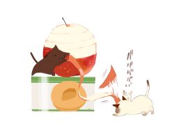 Rule 34 | apple, apple peel, can, cat, chai (drawingchisanne), commentary request, food, food focus, fruit, highres, hitting, no humans, original, peach, peeling, red apple, signature, standing on object, undersized animal, white background