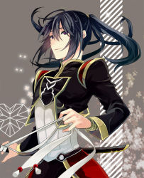 00s 1boy alternate_hairstyle black_hair grey_background long_hair male_focus official_alternate_costume ponytail poppo purple_eyes scabbard sheath shirt smile solo tales_of_(series) tales_of_vesperia yuri_lowell