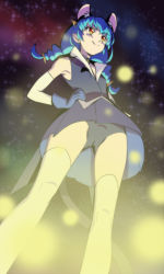Rule 34 | 1girl, animal ears, black panties, black skirt, blue cat (precure), blue gloves, blue hair, blue skirt, braid, cat ears, cat tail, closed mouth, from below, gloves, hands on own hips, haruyama kazunori, orange eyes, panties, precure, short hair, skirt, smile, solo, standing, star (sky), star twinkle precure, tail, thighhighs, twin braids, underwear, white thighhighs, yuni (precure)